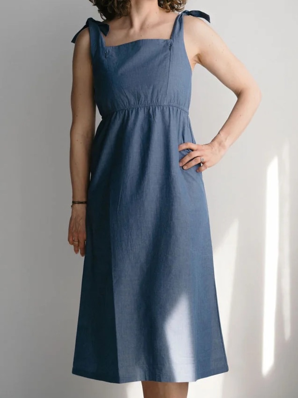 Sleeveless Chambray Midi Dress with Tie Shoulders
